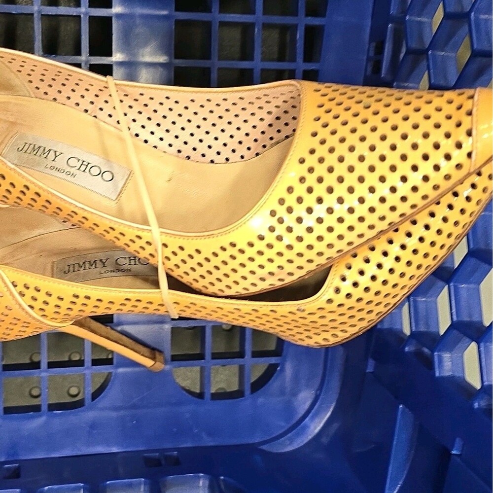 Jimmy Choo Women’s Beige Patent Leather Perforated Pointed Toe Pumps 9